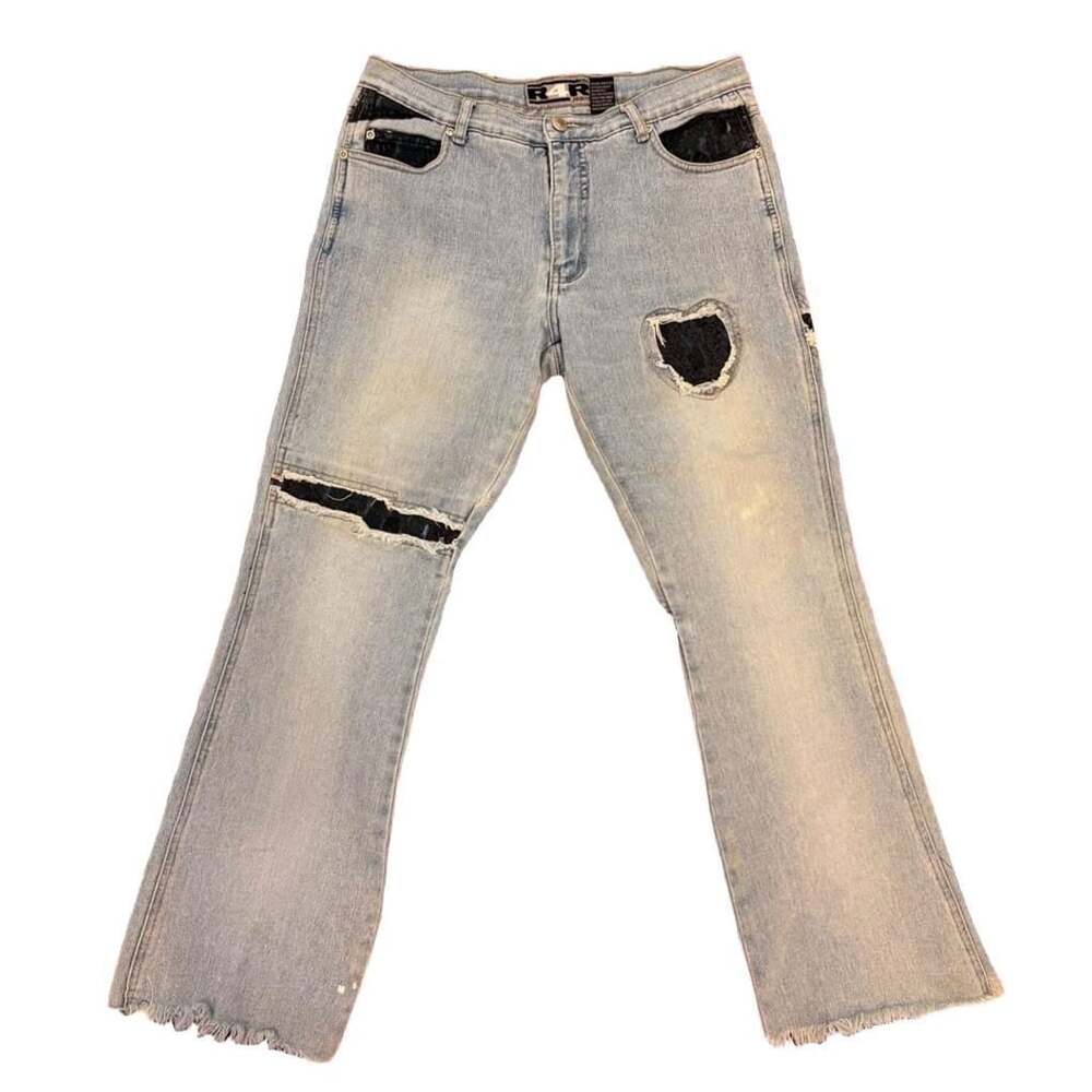 R4R Rave Jeans Y2K Distressed Light Wash Lace Pocket Flare Jeans Grunge Punk 13